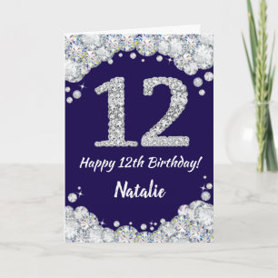Happy 12th Birthday Navy Blue en Silver Glitter Kaart