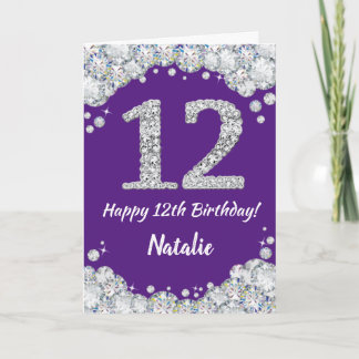 Happy 12th Birthday Paars en Silver Glitter Card Kaart