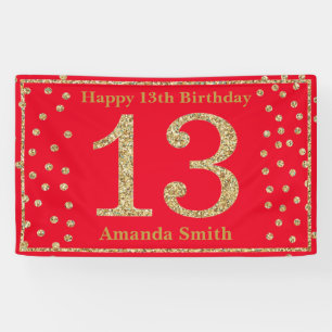 Happy 13th Birthday Banner Red en Gold Glitter