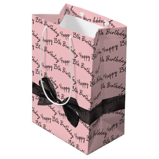 Happy 13th Birthday Black Bow On Pink Medium Cadeauzakje (Achterkant Gekanteld)