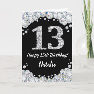 Happy 13th Birthday Black en Silver Glitter Card Kaart