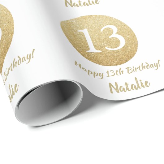 Happy 13th Birthday Gold Glitter en White Cadeaupapier (Rol Hoek)
