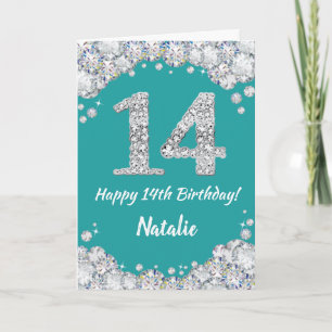 Happy 14th Birthday Blauwgroen en Silver Glitter C Kaart