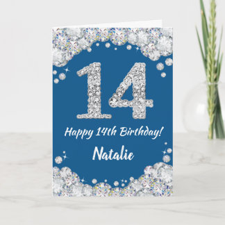 Happy 14th Birthday Blue en Silver Glitter Card Kaart