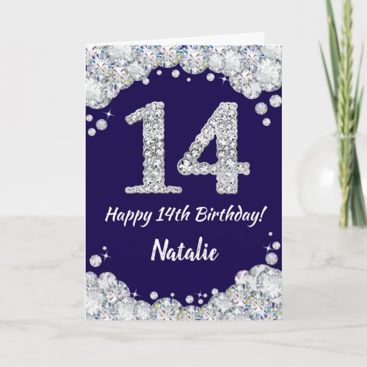 Happy 14th Birthday Navy Blue en Silver Glitter Kaart (Voorkant)