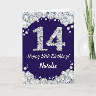 Happy 14th Birthday Navy Blue en Silver Glitter Kaart