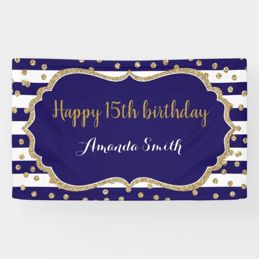 Happy 15th Birthday Banner Navy Blue Gold Glitter (Horizontaal)