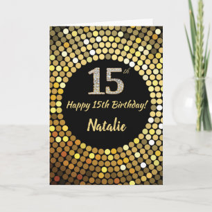 Happy 15th Birthday Black en Gold Glitter Kaart