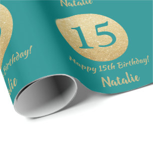 Happy 15th Birthday Blauwgroen en Gold Glitter Cadeaupapier