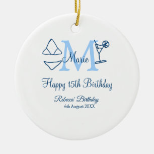 Happy 15th Birthday blue voeg naam monogram bikini Keramisch Ornament