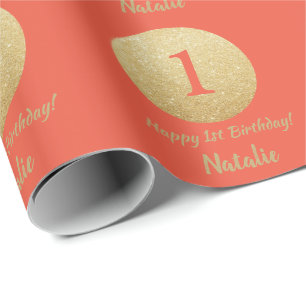 Happy 15th Birthday Coral Oranje en Gold Glitter Cadeaupapier