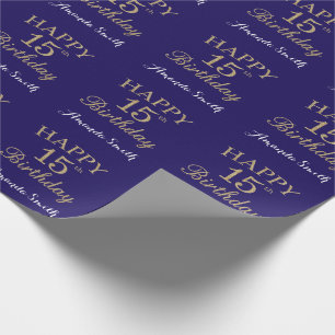 Happy 15th Birthday Gold Glitter en marine Blue Cadeaupapier