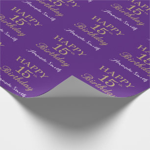 Happy 15th Birthday Gold Glitter en Paars Cadeaupapier