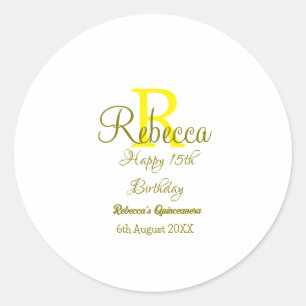 Happy 15th Birthday yellow naam toevoegen monogram Ronde Sticker
