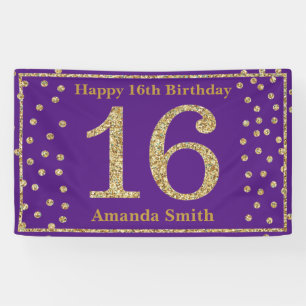 Happy 16th Birthday Banner Paars en Gold Glitter