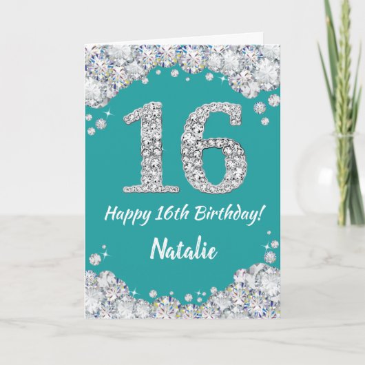 Happy 16th Birthday Blauwgroen en Silver Glitter C Kaart (Voorkant)