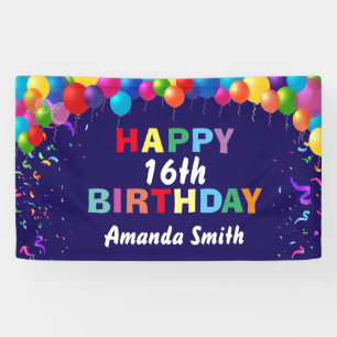Happy 16th Birthday Colorful Balloons Navy Blue Spandoek