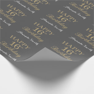 Happy 16th Birthday Gold Glitter en Grey Cadeaupapier