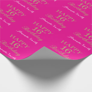 Happy 16th Birthday Gold Glitter en Hot Pink Cadeaupapier