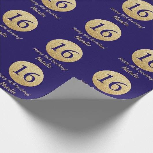 Happy 16th Birthday Navy Blue en Gold Glitter Cadeaupapier (Hoek)