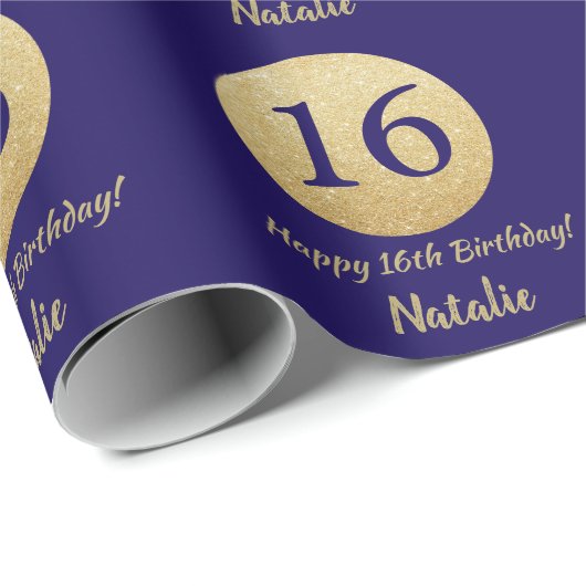 Happy 16th Birthday Navy Blue en Gold Glitter Cadeaupapier (Rol Hoek)