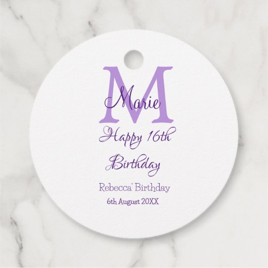 Happy 16th Birthday paarse naam toevoegen monogram Bedankjes Labels (Achterkant)