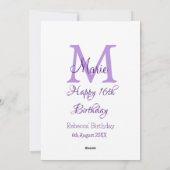 Happy 16th Birthday paarse naam toevoegen monogram Feestdagenkaart (Achterkant)