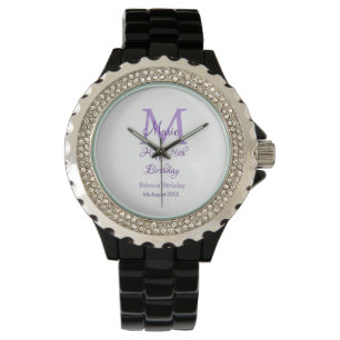 Happy 16th Birthday paarse naam toevoegen monogram Horloge