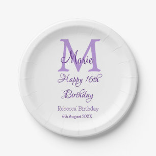 Happy 16th Birthday paarse naam toevoegen monogram Papieren Bordje