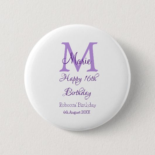 Happy 16th Birthday paarse naam toevoegen monogram Ronde Button 5,7 Cm (Voorkant)