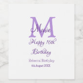 Happy 16th Birthday paarse naam toevoegen monogram Wijn Etiket (Enkel label)