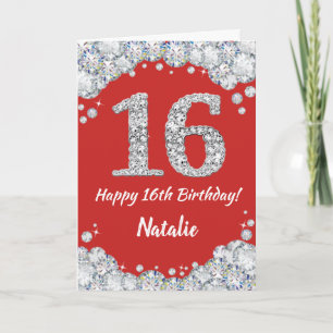 Happy 16th Birthday Red en Silver Glitter Card Kaart