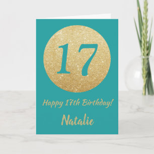 Happy 17h Verjaardag Blauwgroen en Gouden Glitter Kaart