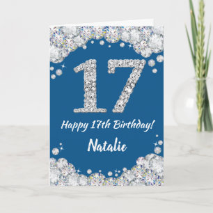 Happy 17th Birthday Blue en Silver Glitter Card Kaart