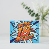 HAPPY 18E BIRTHDAY Comic Book Pop Art Blue Briefkaart (Staand voorkant)