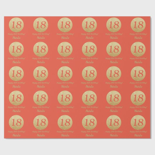 Happy 18th Birthday Coral Oranje en Gold Glitter Cadeaupapier (Vlak)