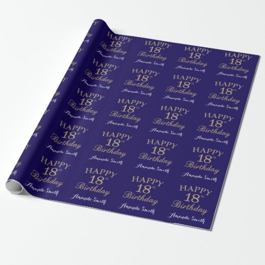 Happy 18th Birthday Gold Glitter en Navy Blue Cadeaupapier (Uitgerold)