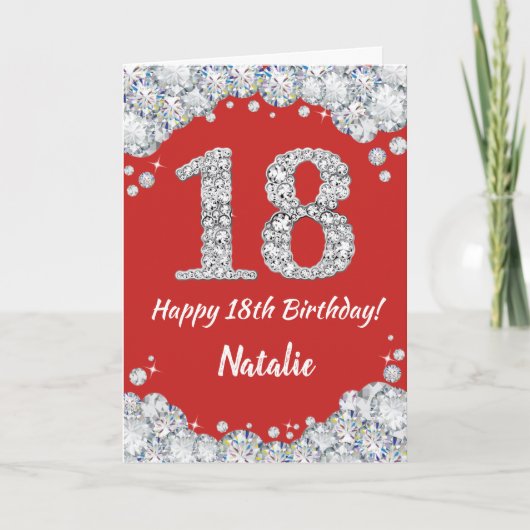 Happy 18th Birthday Red en Silver Glitter Card Kaart (Voorkant)