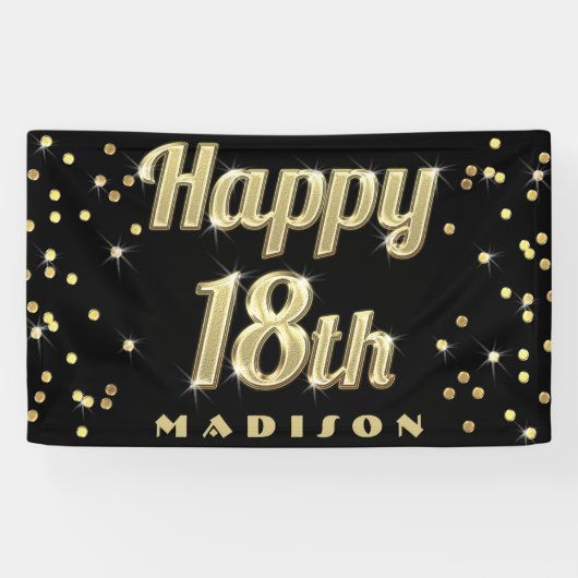 Happy 18th Gold Bling Typography Confetti Black Spandoek (Horizontaal)