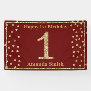 Happy 1 Birthday Banner Burgundy Red Gold