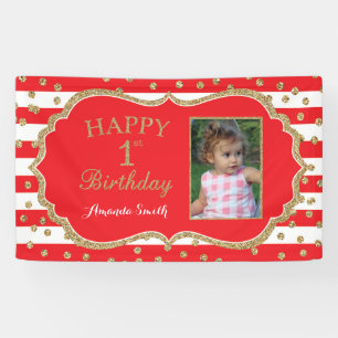 Happy 1 Birthday Banner Red Gold Glitter Photo