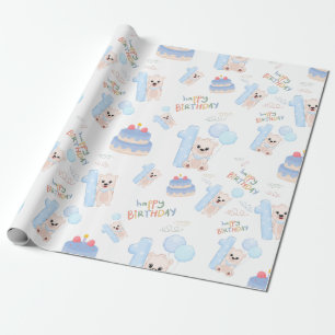 Happy 1st Birthday Baby Cute Blue Beer Cadeaupapier