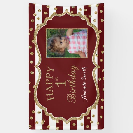 Happy 1st Birthday Banner Burgundy en Gold Photo (Verticaal)