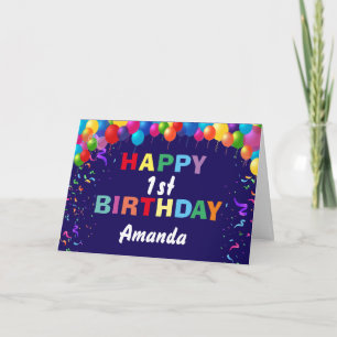 Happy 1st Birthday Colorful Balloons Navy Blue Kaart