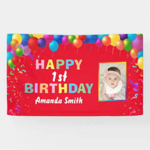 Happy 1st Birthday Colorful Balloons Red Spandoek