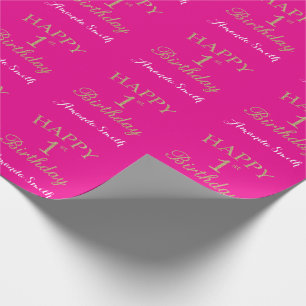 Happy 1st Birthday Gold Glitter en Hot Pink Cadeaupapier