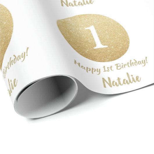 Happy 1st Birthday Gold Glitter en White Cadeaupapier (Rol Hoek)