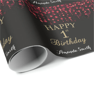 Happy 1st Birthday Red Black en Gold Glitter Cadeaupapier