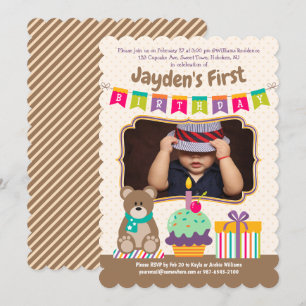 Happy 1st Birthday Teddybeer Cupcake Bunting Foto Kaart