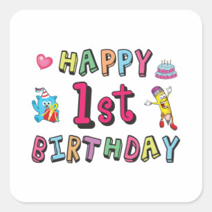 Happy 1st Birthday voor 1 jaar oude Kinder B-day w Vierkante Sticker